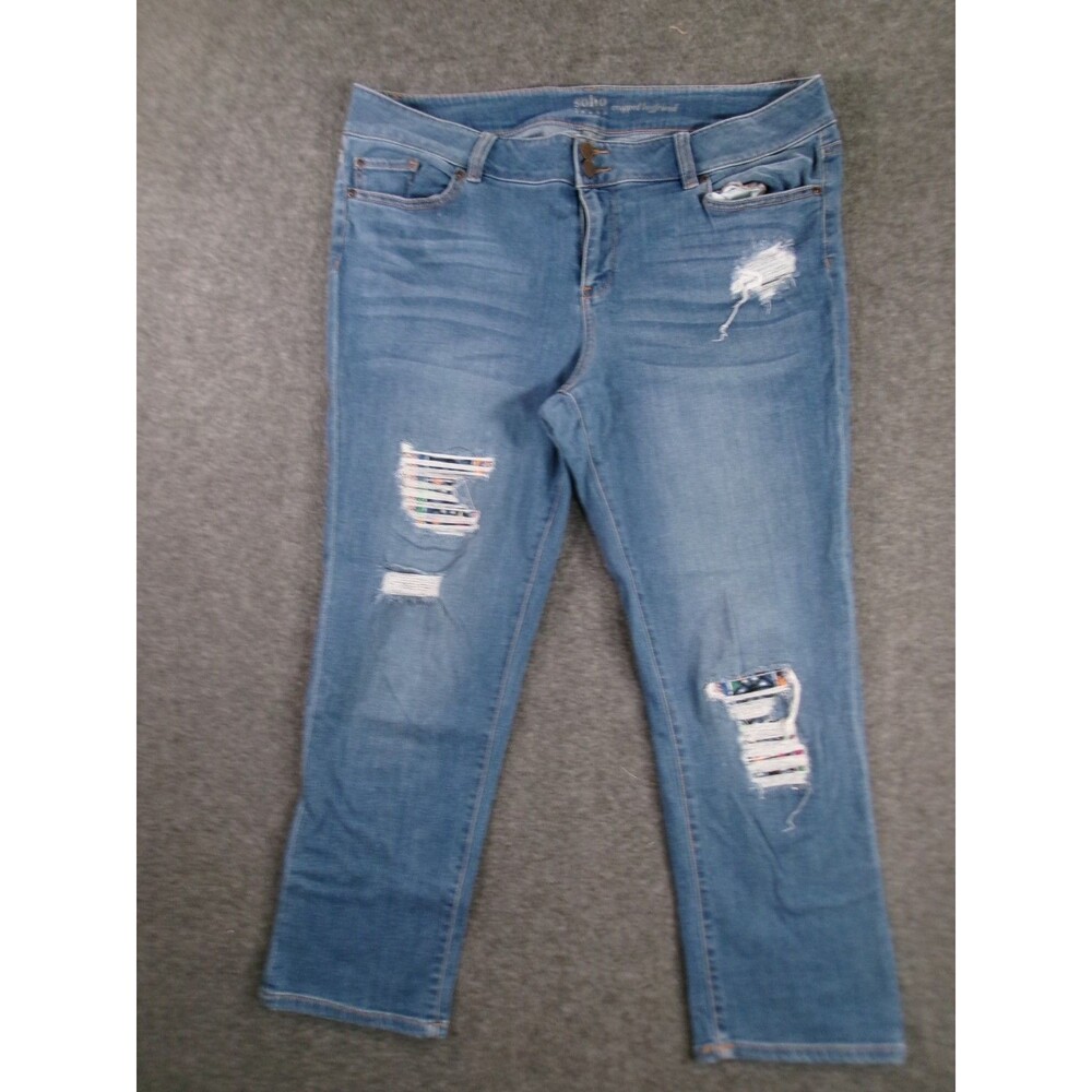 Soho Jeans Women 14 Blue Cropped Boyfriend Medium Wash Casual Distressed